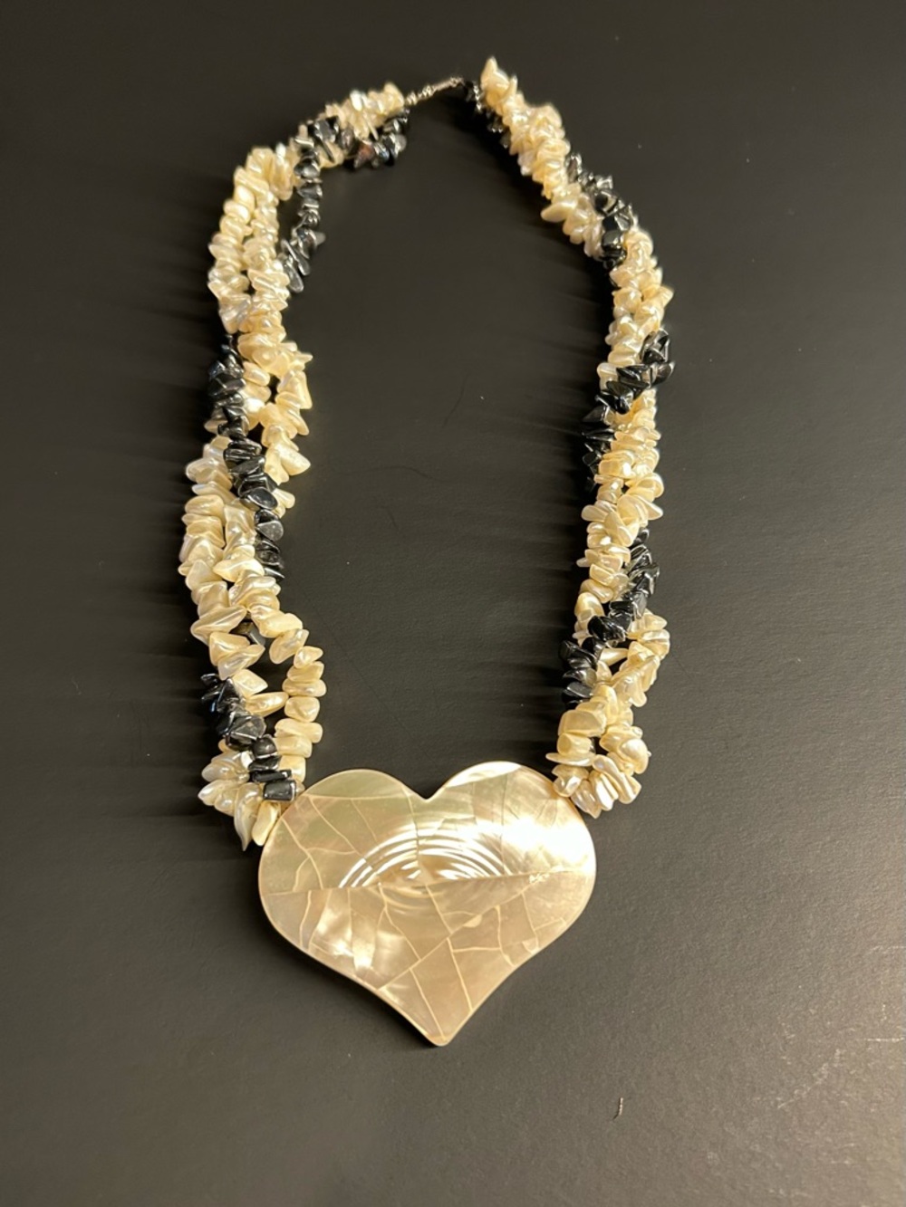 Mother-of-Pearl Heart Necklace in Cream & Black - Unbranded